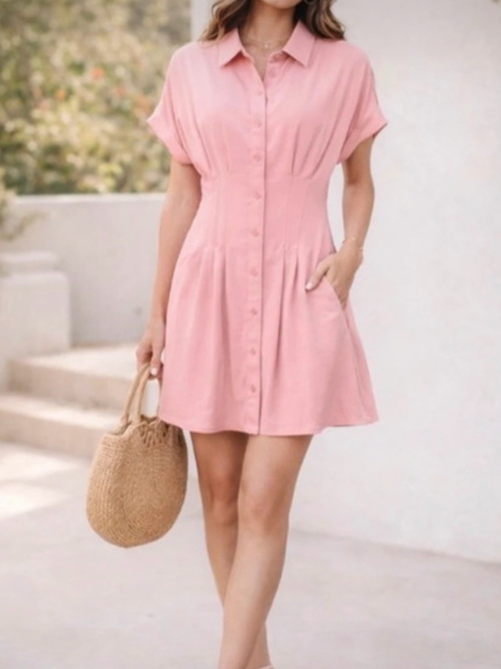 entro Pink Short Sleeve Button-Front Mini Dress